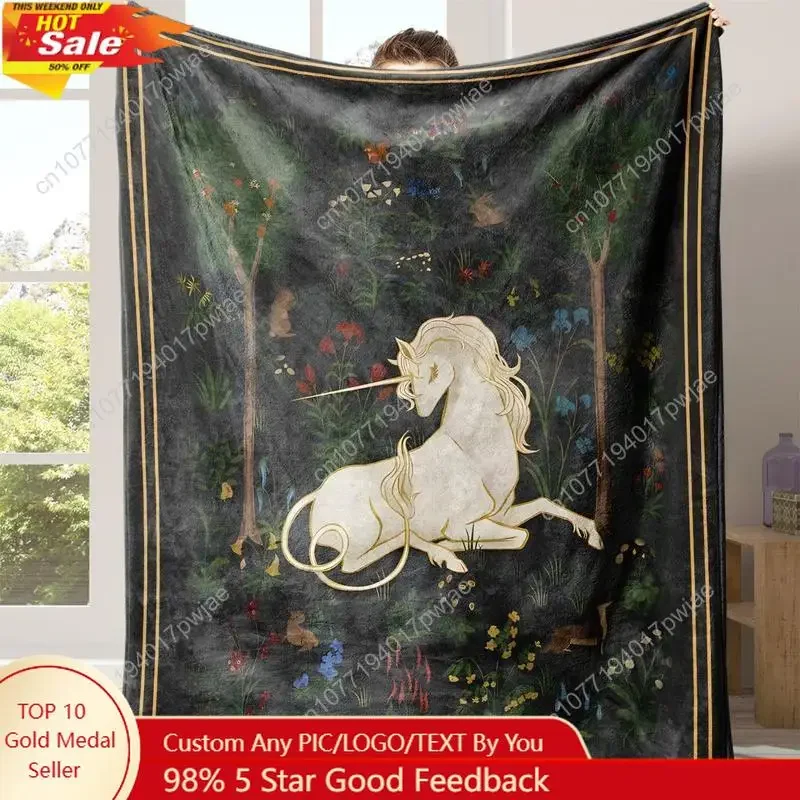 Unicorn Pattern Flannel Blanket 1 Count SoftWarm Throw Blanket with Storage Bag, Air-conditioned Room Custom Blankets