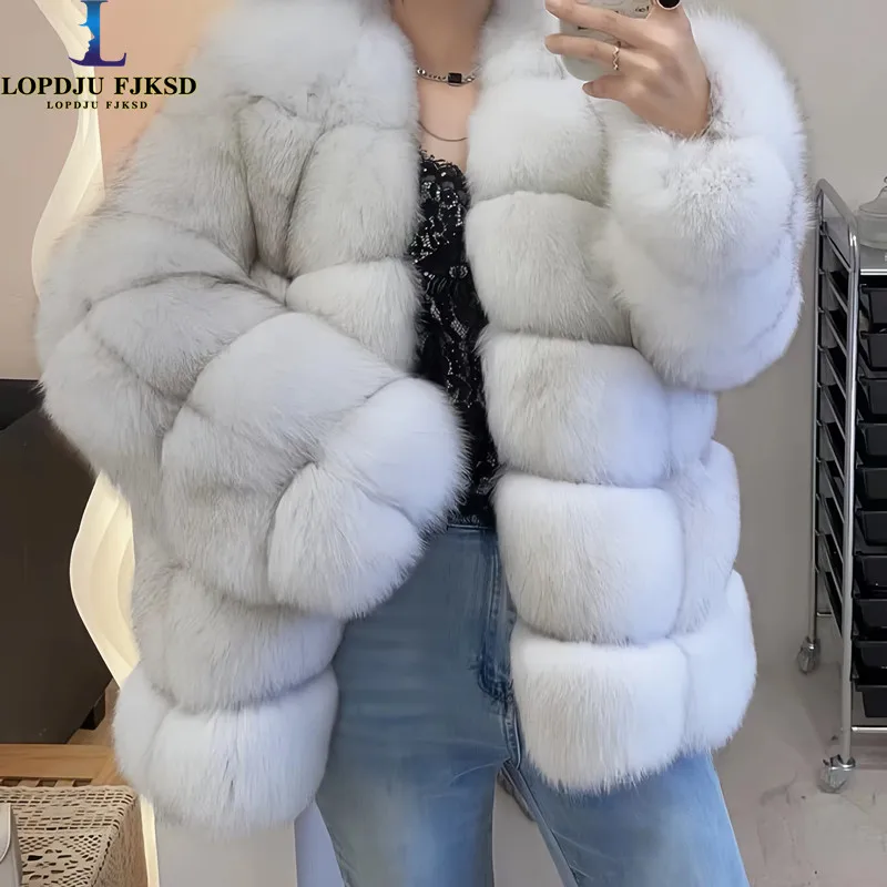 

Real Fox Fur Coat for Women, Covered Butto Jacket,England Style Female Overcoat,Loose, Thicken Warm Clothes, Winter, New