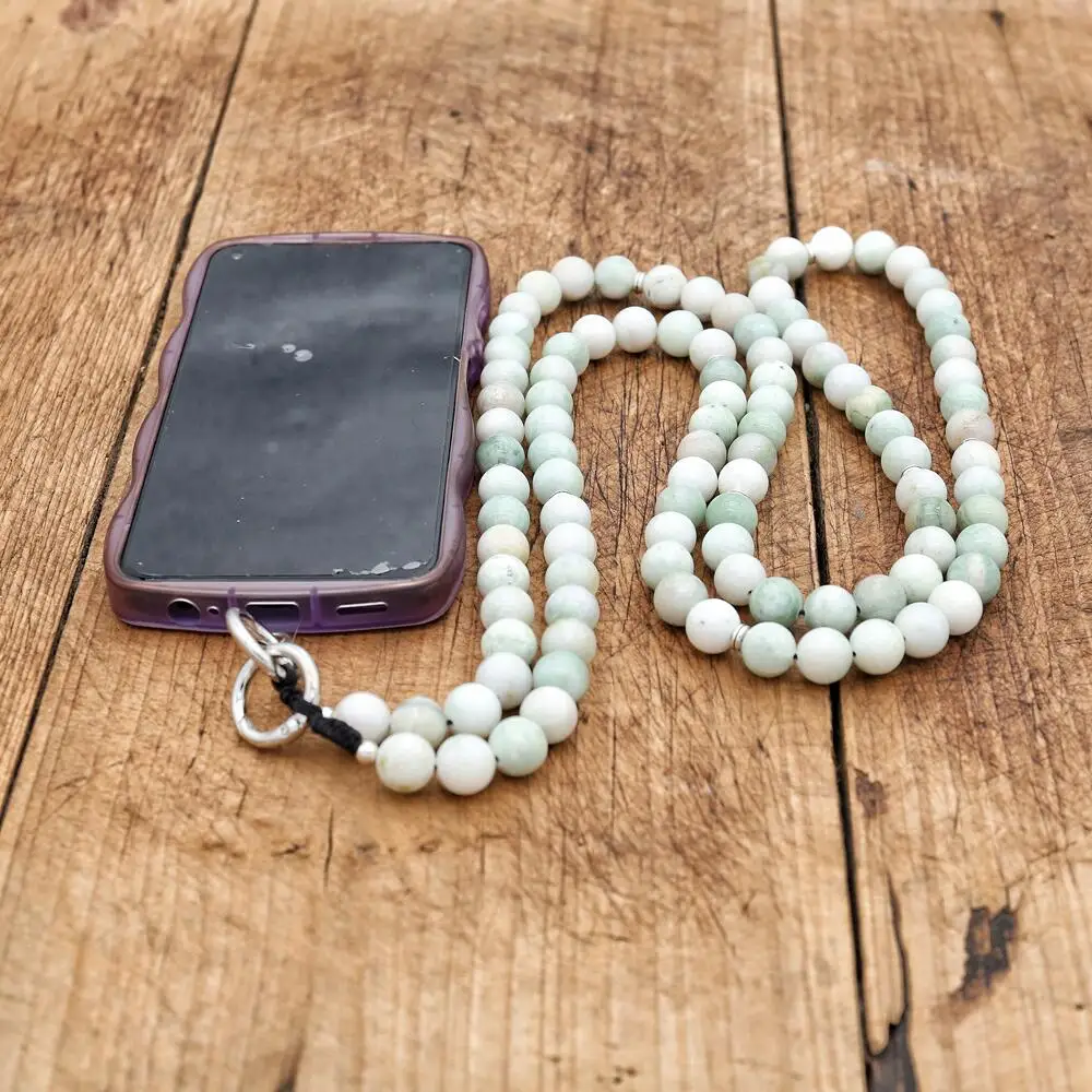 120CM Natural Stone Neck Chain Maotiao Green Jade Beads Mobile Phone Chain Cell Phone Lanyard Pendant Hanger Accessories