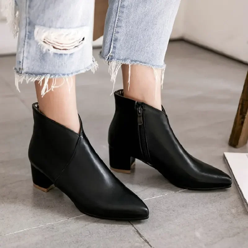 ZawsThia 2025 winter V cut design cheap fashion red blue woman boots pointed toe chunky high heels women ankle boots size 34-44