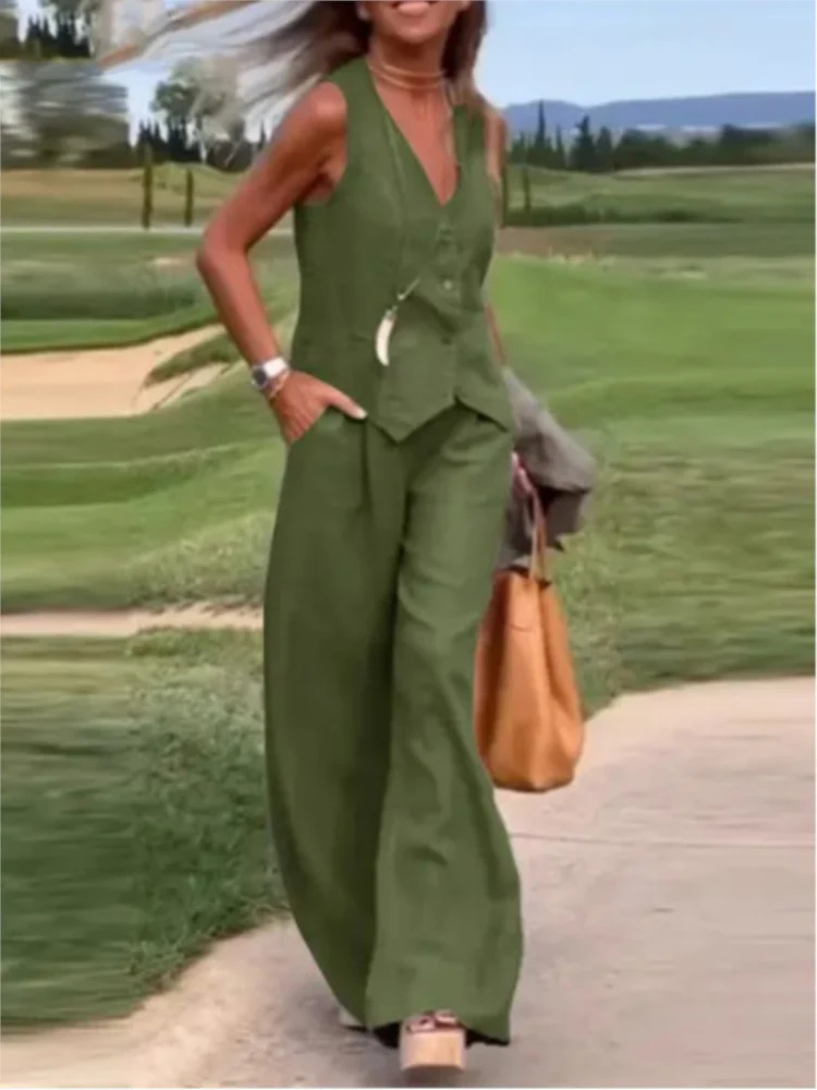 2025 Woman Elegant 2-Piece Pant Sets Casual Vest And Pants Sets Sleeveless Tops Suits 2pcs Outfits Wide Leg Trouser Sets
