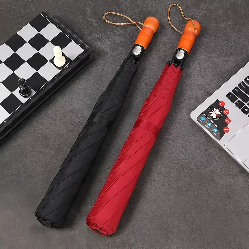 High-End Automatic Retro Solid Wood Handle Golf Umbrella Large Long Straight Pole with Nylon for Business Gifts
