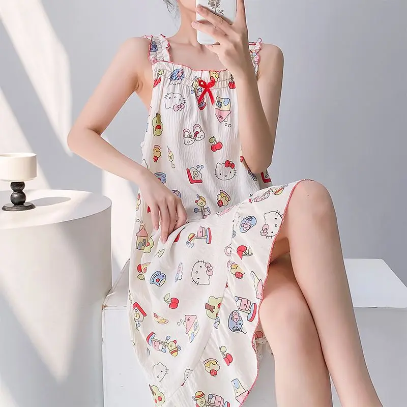

Новая летняя ночная сорочка Sanrio Hello Kitty: сексуальное платье-пижама, длинное платье-юбка, милая ночная рубашка с бретельками, домашняя одежда