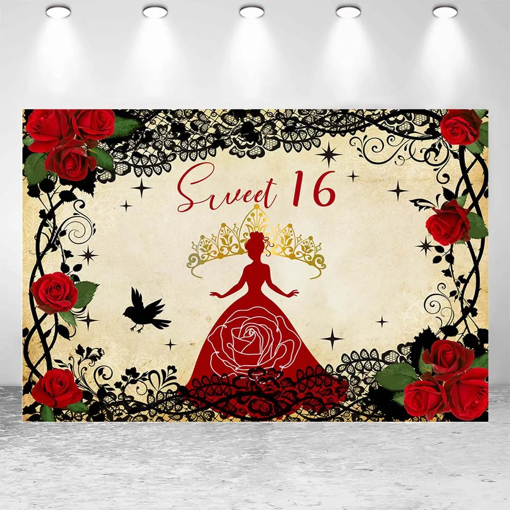 Mocsicka Sweet 16 Background Red Dress Princess 16th Birthday Party Decor Happy Sixteen Photography Backdrops Photo Studio Props