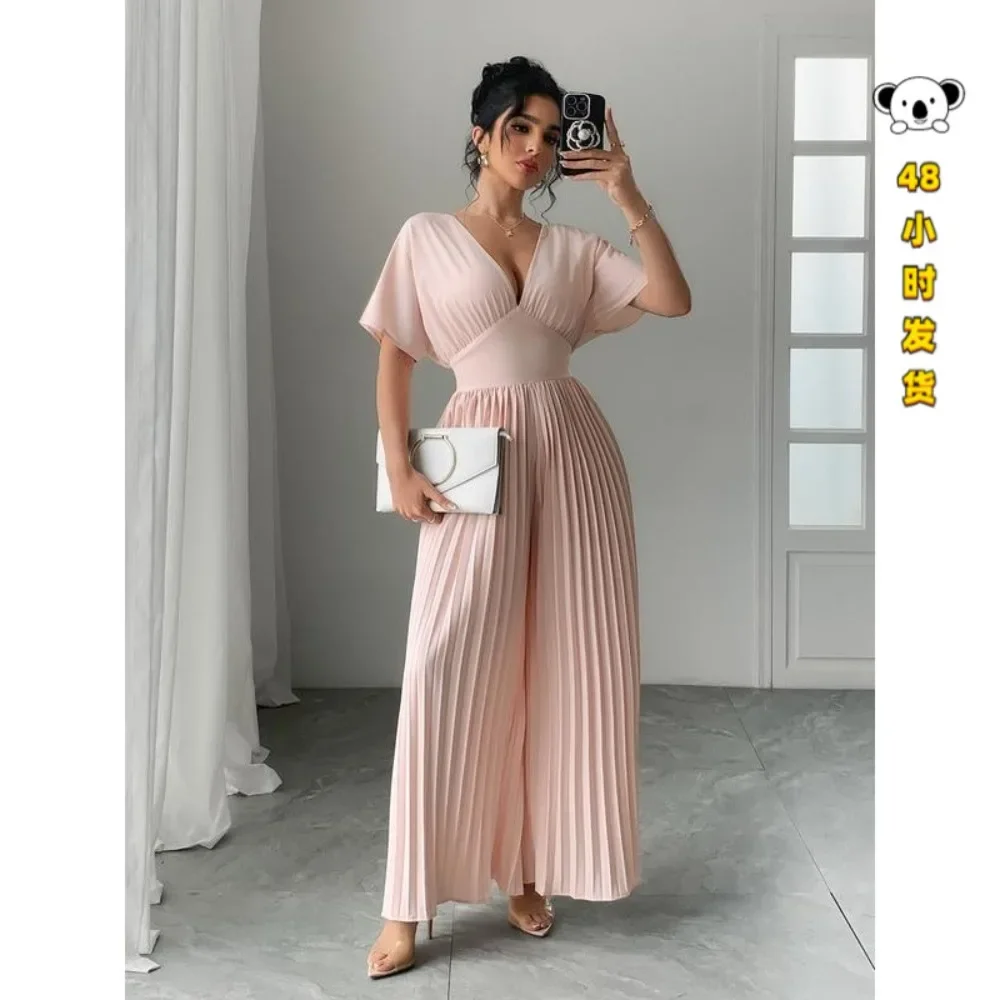 Women V Neck High Waist Pleated Jumpsuit Slim Fit Solid Color Commuter Streetwear Chic Ladies One Piece Romper