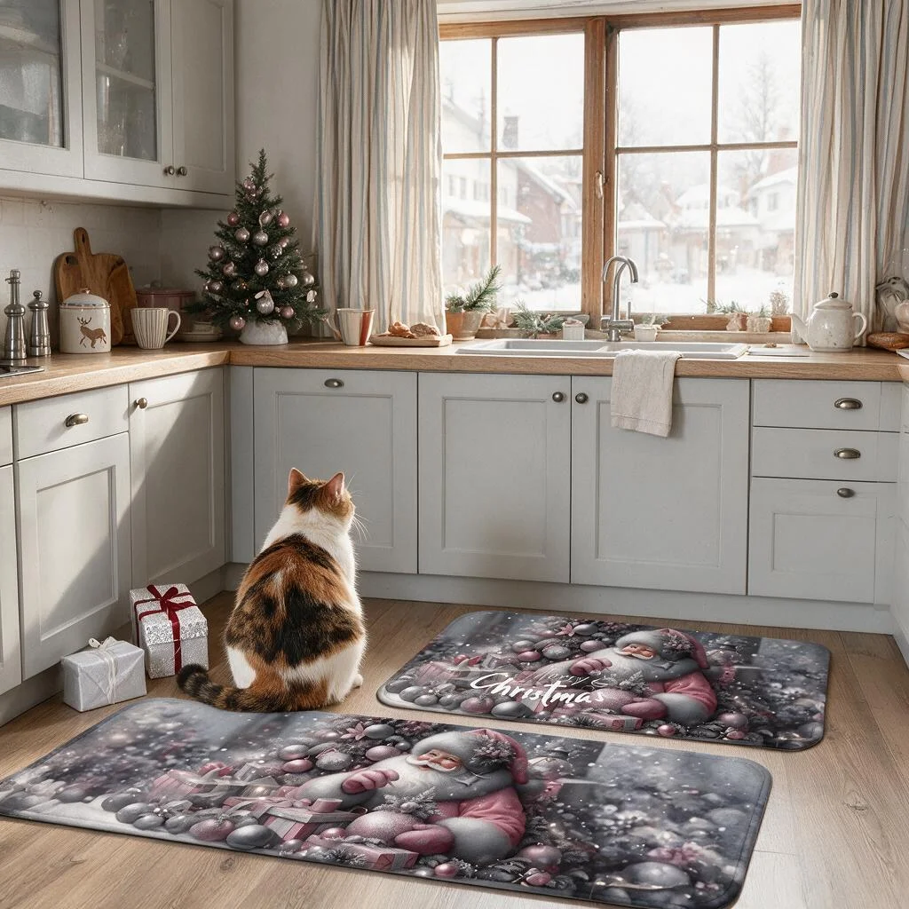 Christmas Kitchen Floor Runner with Reindeer Pattern Soft Plush Flannel Rug Non Slip Water Absorbent Decorative Carpet