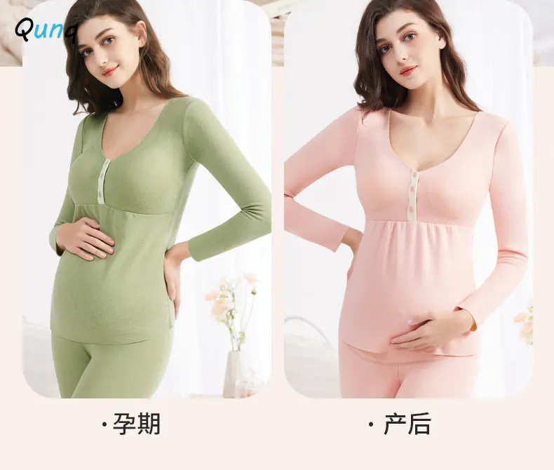 

Qunq Autumn/Winter Adjustable Maternity Thermal Underwear Set Solid V Neck Long Sleeve Top + Pants 2 Pieces Set keep Warm Suit