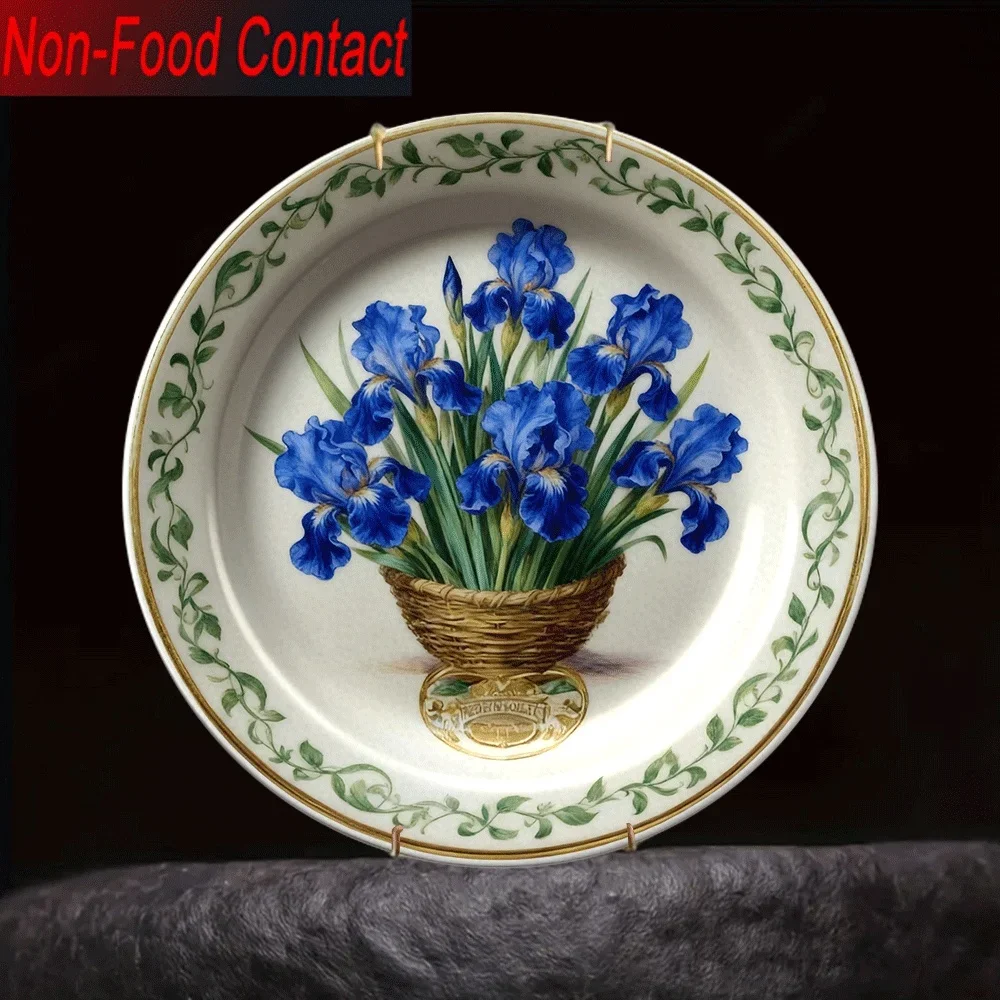1pc Blue & White Ceramic Decorative Plate with Black Iris Flower - Round Non-Food Contact Serving-Like Plate for Home Decor,