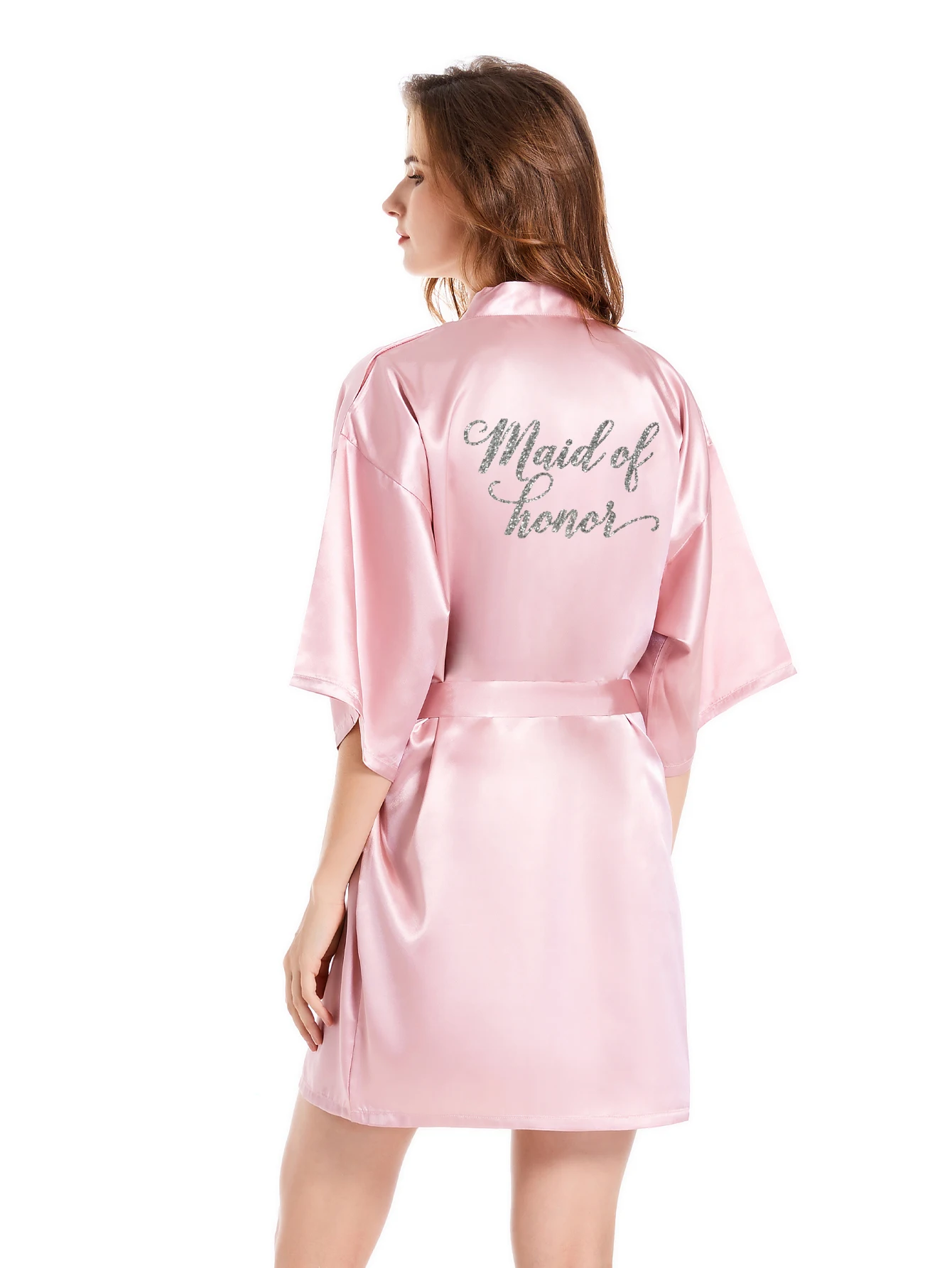 1pc team bride robe satin women glitter silver writing on wedding bridesmaid party short kimono robes