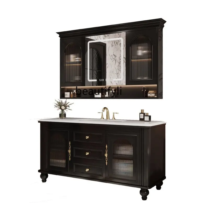 

French Oak Bathroom Cabinet Bathroom Cabinet Washstand Floor Type Light Luxury Hand Washing Bathroom Cabinet