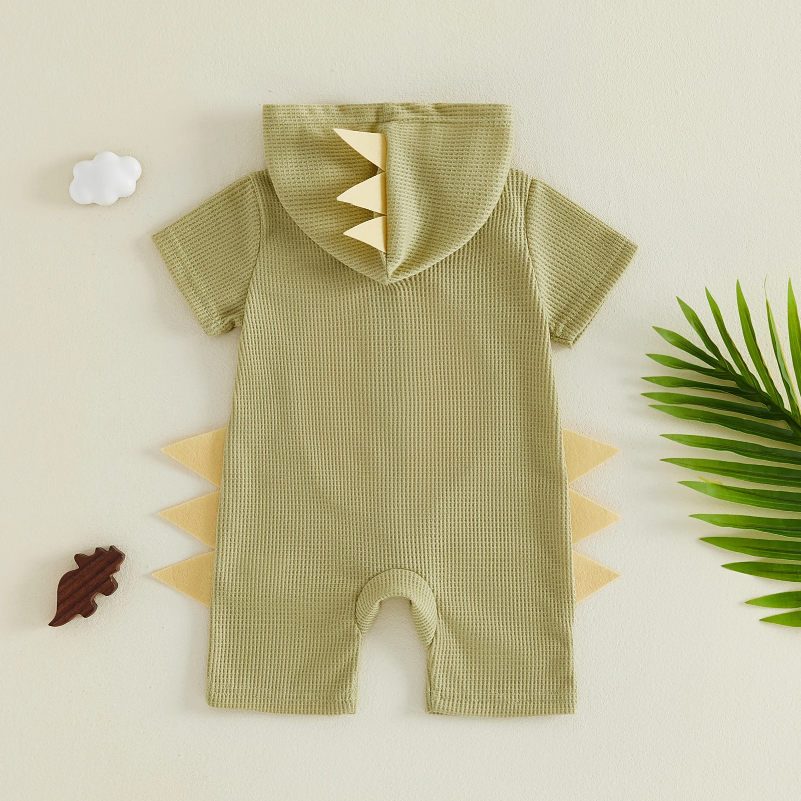 Infant Baby Boy Romper Summer Hooded Short Sleeve Waffle Knit Contrast Color Dinosaur Jumpsuit