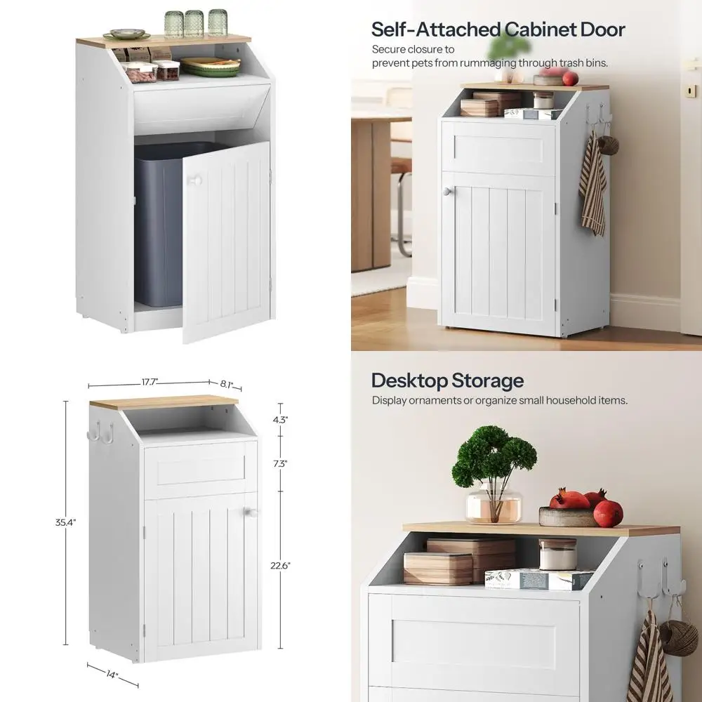 

Wooden Recycling Cabinet with Flip Door - 10 Gallon Hidden Kitchen Trash Can for Laundry Room