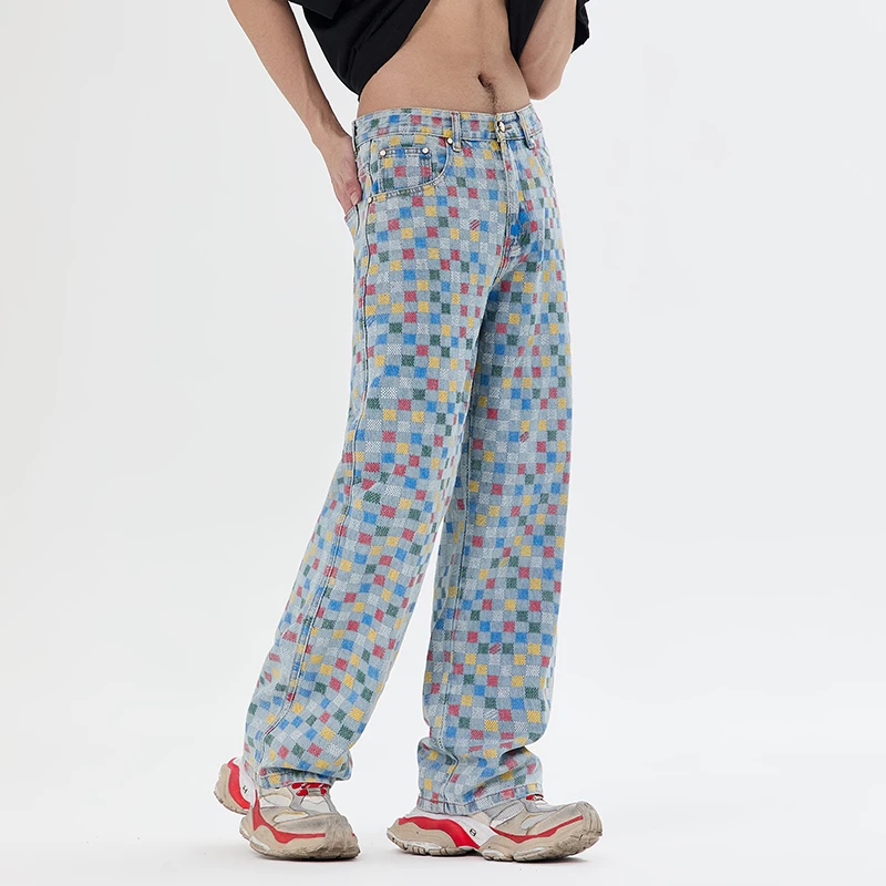 

Colorful Checkered Jeans Men Streetwear Fashion Hip Hop Loose Casual Wide Leg Straight Denim Baggy Jeans Pants Trousers