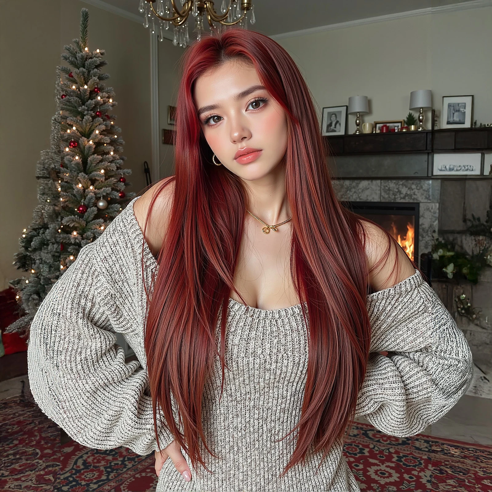 عيد الميلاد طويل مستقيم الباروكات بورجوندي النبيذ الأحمر شعر مستعار اصطناعي الجزء المتوسط الطبقات الشعر للنساء تأثيري حزب استخدام مقاومة للحرارة