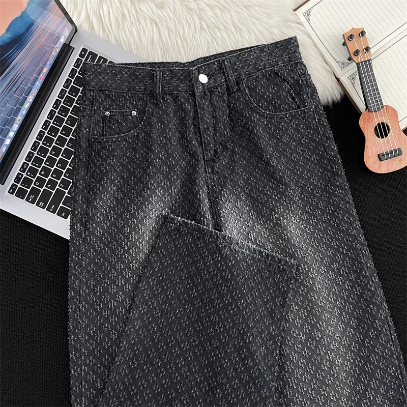 

Foufurieux Korean Fashion Heavy Wash Jacquard Jeans Men Summer New Vintage American Trendy Pants Loose Wide-leg Casual Trousers