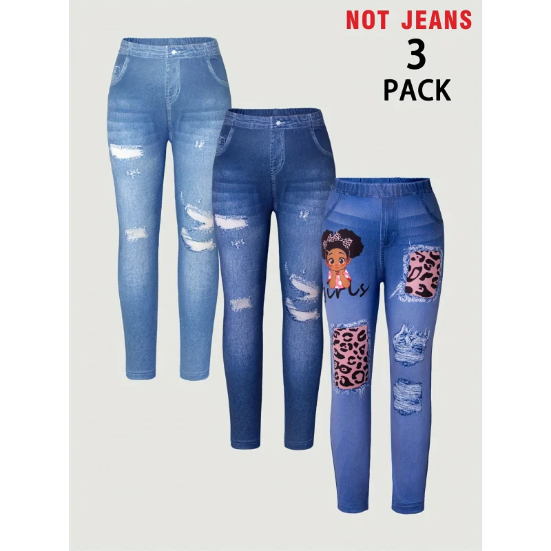 

3 упаковки из искусственных джинсов для девочек — эластичный эластичный пояс, искусственные потертые джинсы, подходящие для верхней одежды