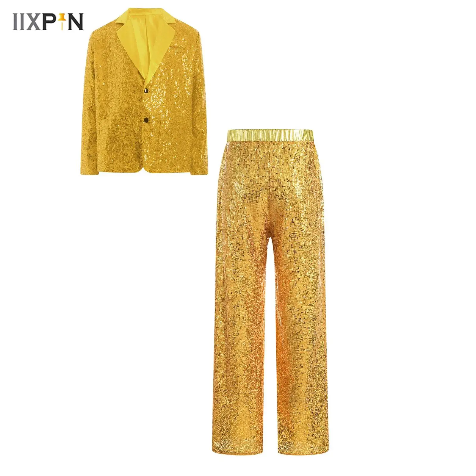 

Kids Girls Disco Jazz Dance Party Stage Performance Costume Sparkly Sequins Notched Lapel Long Sleeve Blazer Jacket + Pants 2Pcs