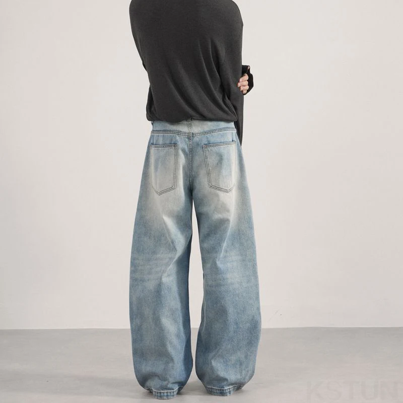 KSTUN النمط الأمريكي خمر الرجال الجينز غسلها واسعة الساق السراويل الفضفاضة فضفاضة التصحيح عارضة الجينز العصرية للزوجين التطهير السراويل
