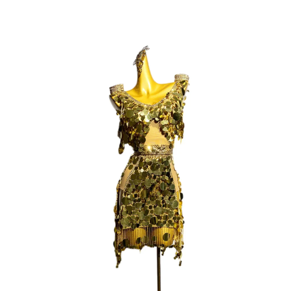 Sukienka do tańca latynoamerykańskiego dla dorosłych i dzieci, zdobiona kamieniami AB, ekskluzywna, szyta na miarę, złota spódnica z cekinami i frędzlami, precyzyjnie wykonana odzież damska do tanga.