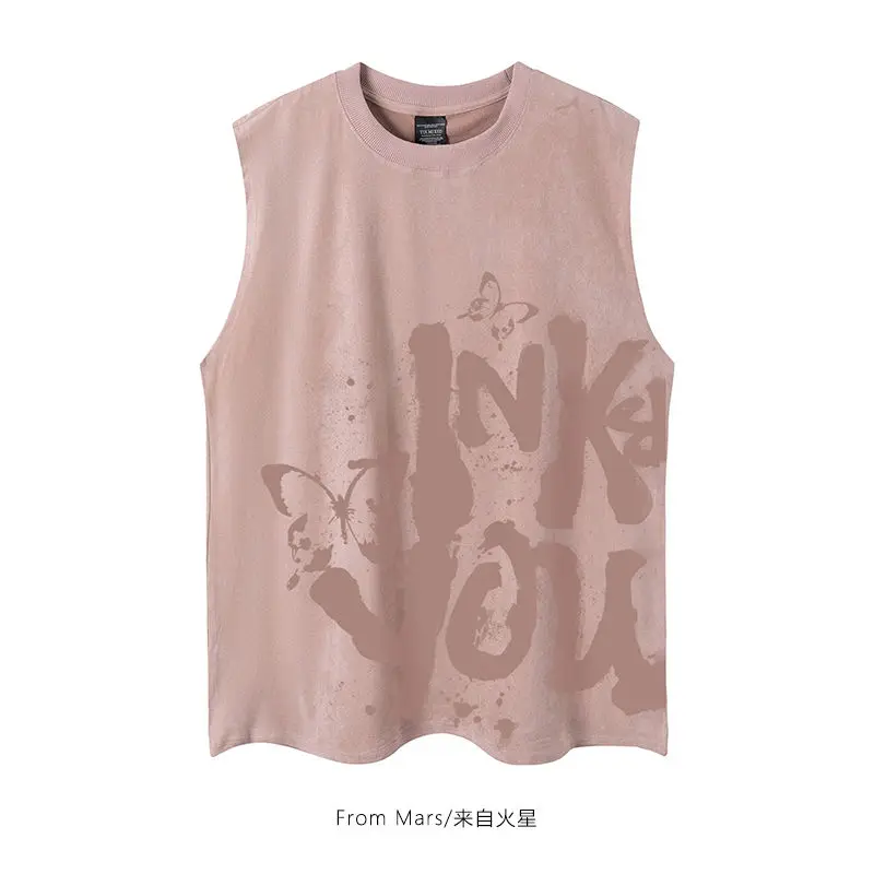 2024 New European and American Vintage Letter Printed Suede Vest Loose Casual Sleeveless T-shirt