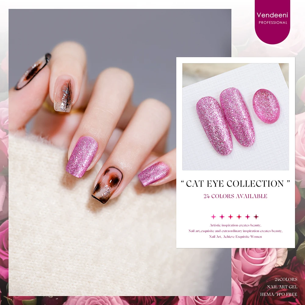 Vendeeni 24 Farben Rosenrot Gel-Nagellack-Mix-Set, reine Farben, Glitzer-Gel-Lack, magnetischer Katzenaugen-Gel-Lack mit Display – Detail 4