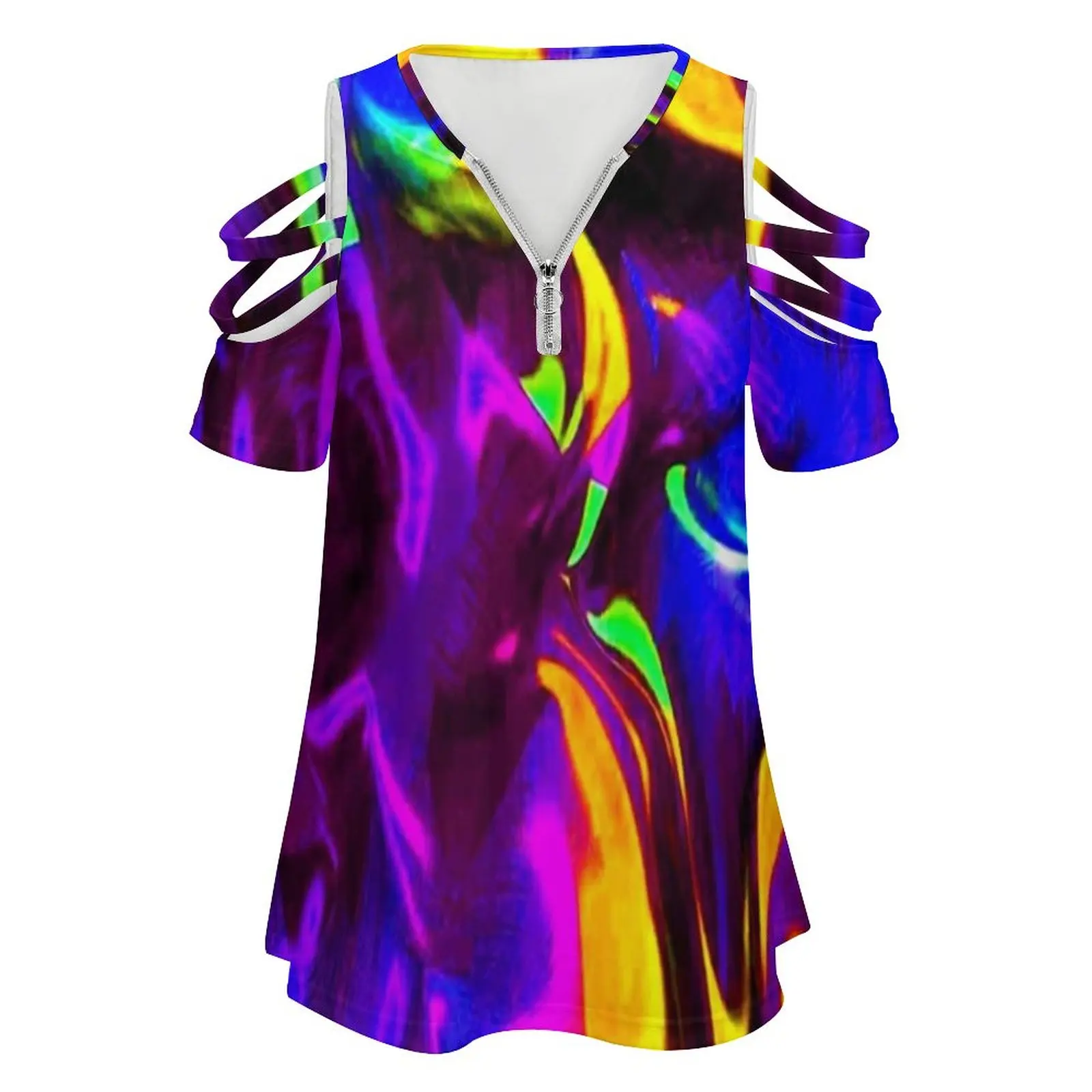 Rave Rainbow Of Glow Stick Fire Women's T-Shirt New Fashion Printed Zipper V-Neck Short Sleeve T Shirts Casual Plus Size Rave