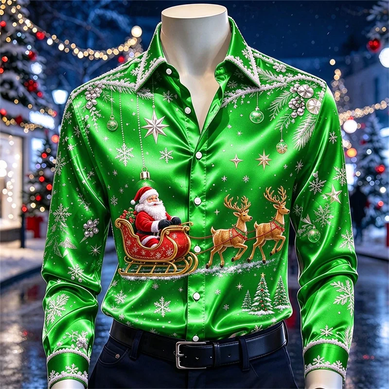 New men's shirt with bright green Santa Claus riding sled, deer, snowflakes, snow collar print, Christmas shirt