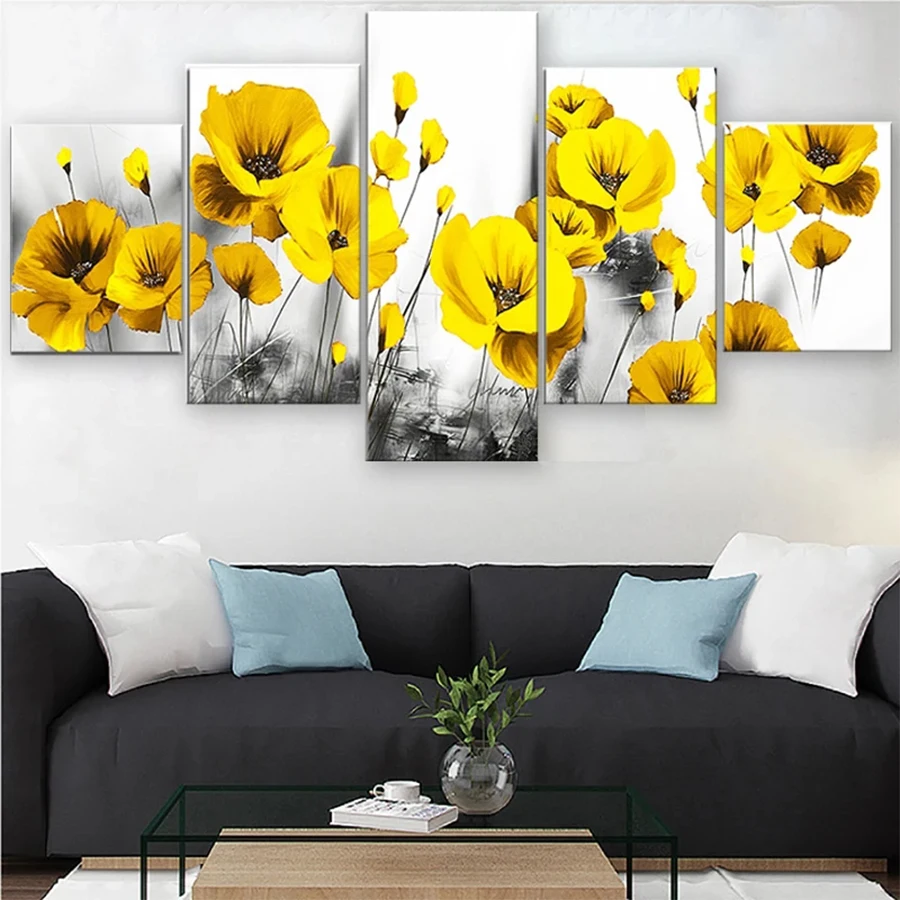 Diamond Embroidery 5 Panel Yellow Flower Landscape Full Square Round Diamond Mosaic Art Painting Cross Stitch Wall Decor