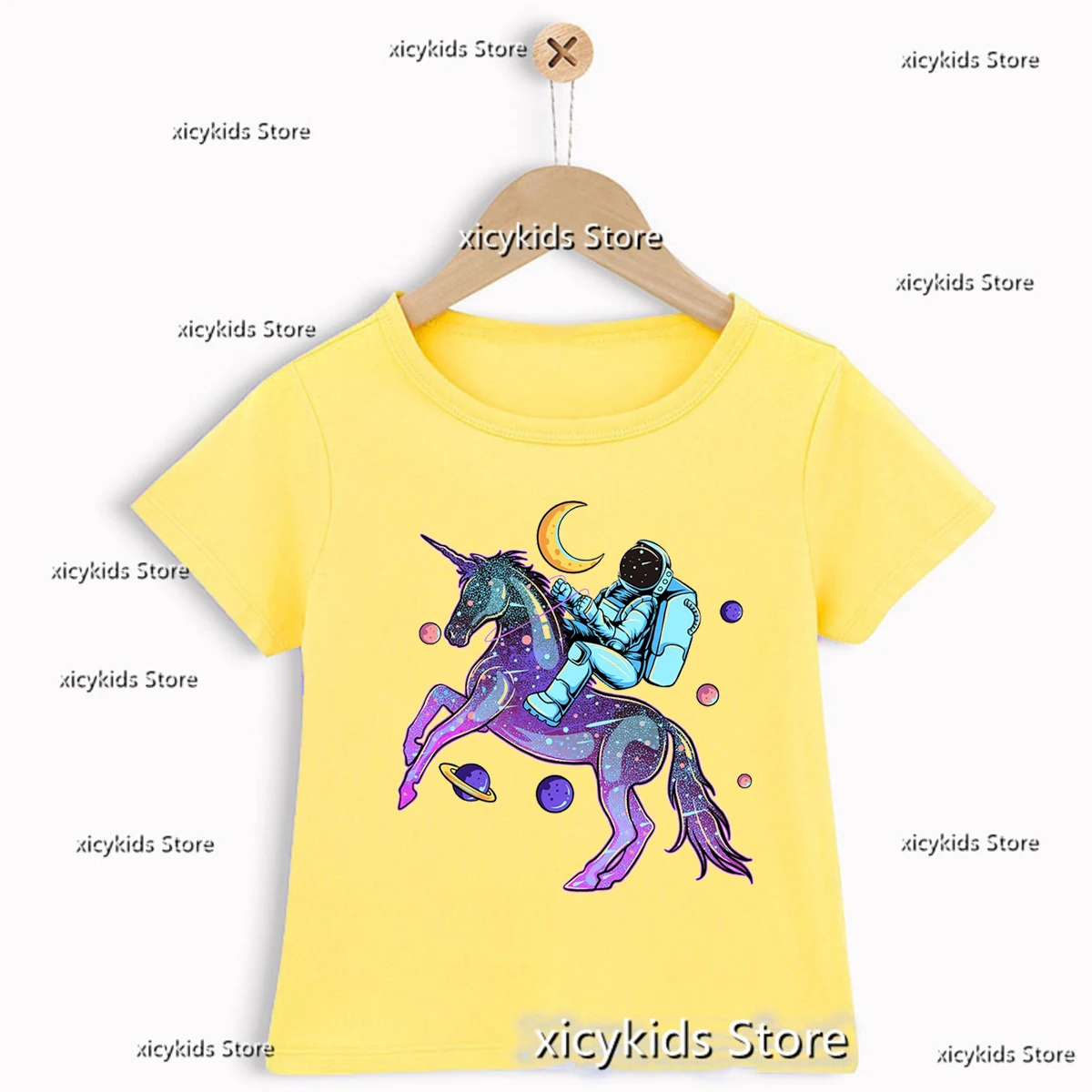 Astronaut Moon Graphic Printed Boys T-shirt Cute kids Clothing Summer Short sleeved Top Fashion Funny Boys Yellow T-shirt Top