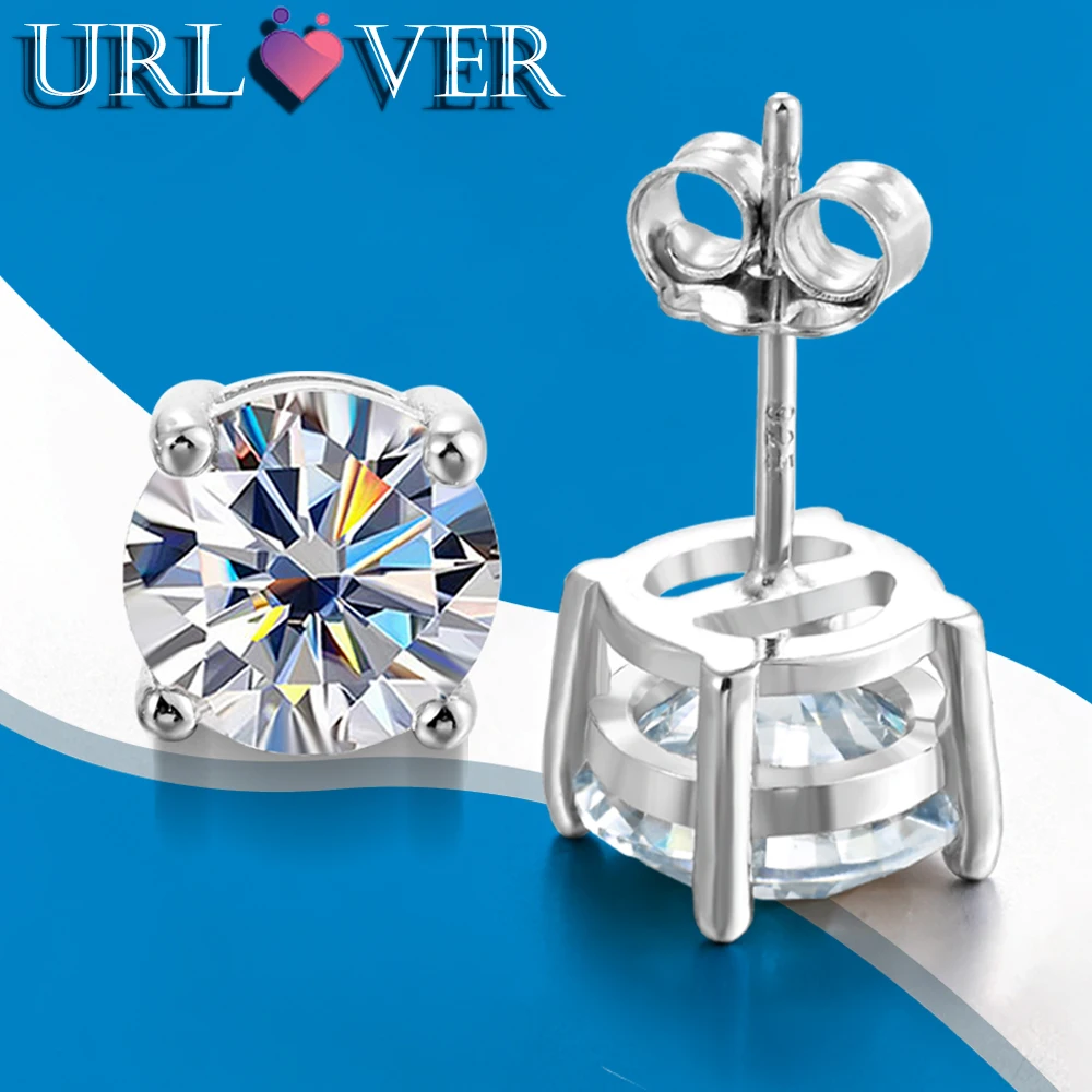 URLOVER anting-anting Moissanite 0.5/0.8/1/1.5/2ct 925 perak murni berlian kancing telinga untuk wanita pesta pernikahan hadiah perhiasan bagus