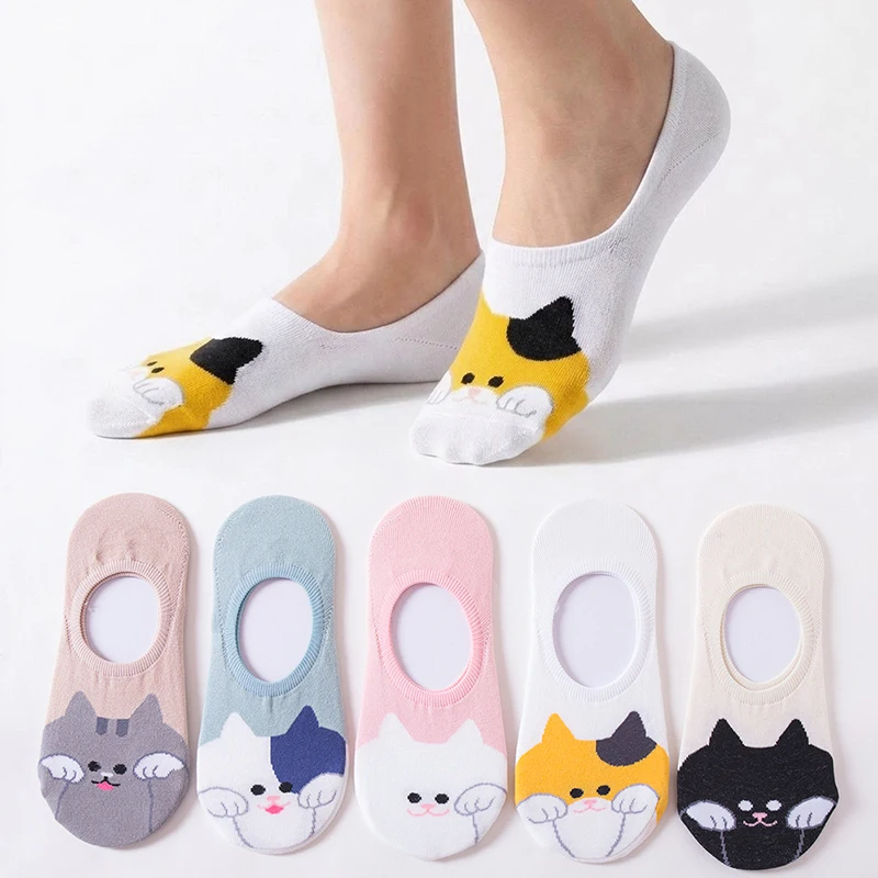 5 Pairs Korean Women Socks Cute Harajuku Cartoon Animal Cat Summer Casual Funny Sock Thin Soft Silicone Non-slip Invisible Socks