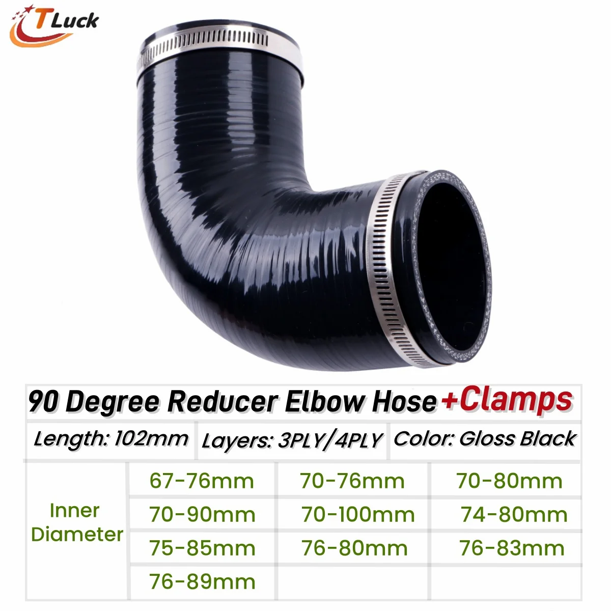 1PC 90 Degree Elbow Reduce Silicone Coolant Pipe Intercooler Hose Tube ID 67mm 70 74mm 75 76m 80mm 83 85 89 90mm 100mm 2 Clamps
