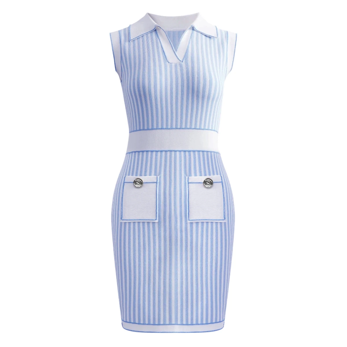 Zomer nieuwe modieuze woon-werkverkeer mouwloze gestreepte revers knoopzak eenvoudige en sfeervolle slim fit korte gebreide jurk