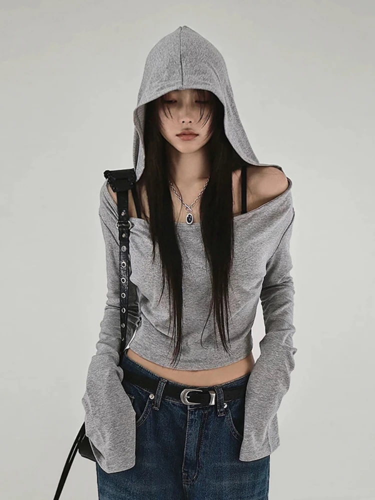 Y2k Aesthetic Hooded Tshirts Women Sexy Long Sleeve Crop Top Slim Fit Off Shoulder Tees Casual Streetwear Grunge T Shirt 2024