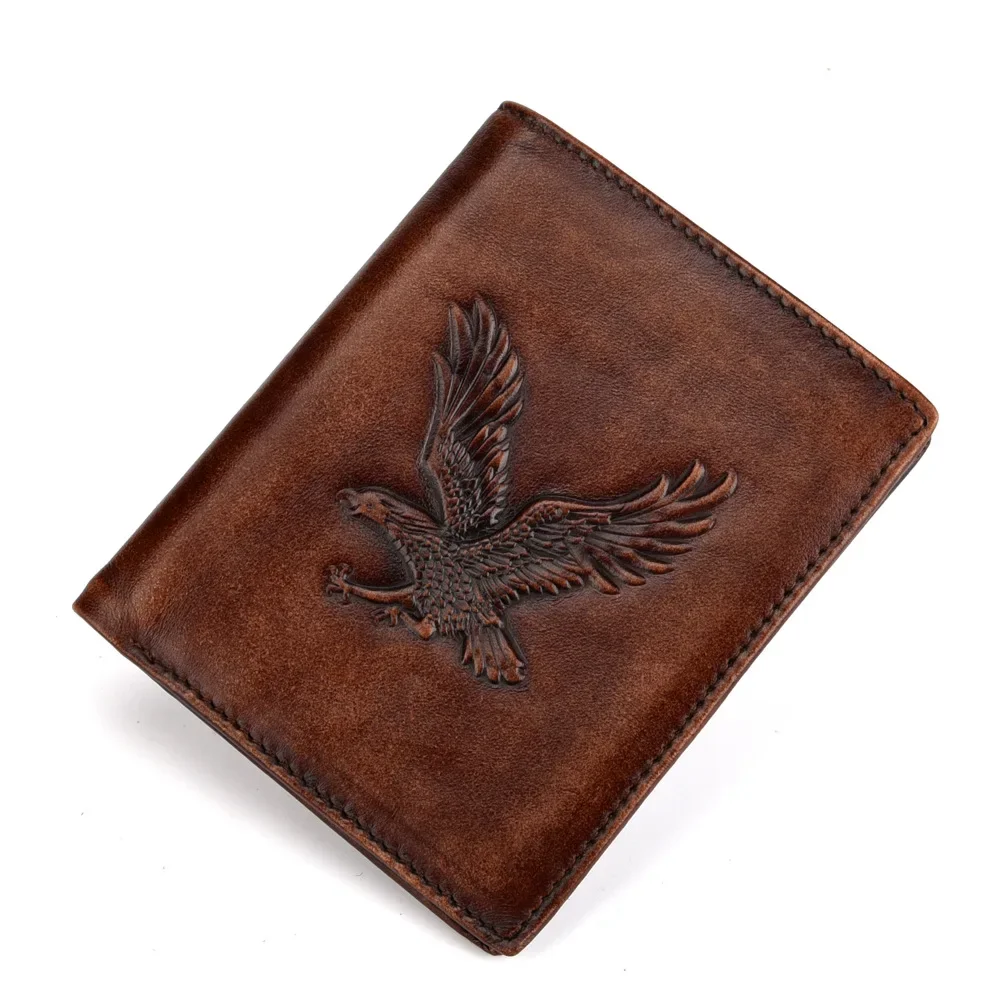 

High Quality Natural Skin Bifold Purse Men Eagle Pattern Cash Clips Coin Pocket Card Holder Retro Genuine Leather Short Wallet