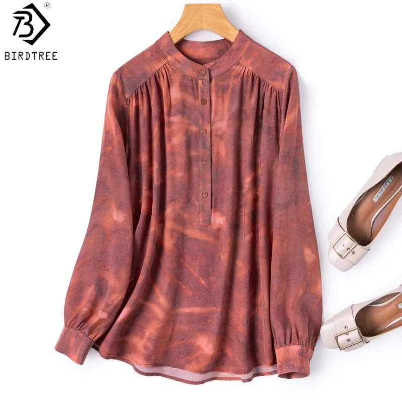 

Birdtree, 100% Silk Gradient Blouse, Double Crepe Tops, Women's Stand Collar Loose Shirt, Full sleeve, 2026 Spring New T63229JF