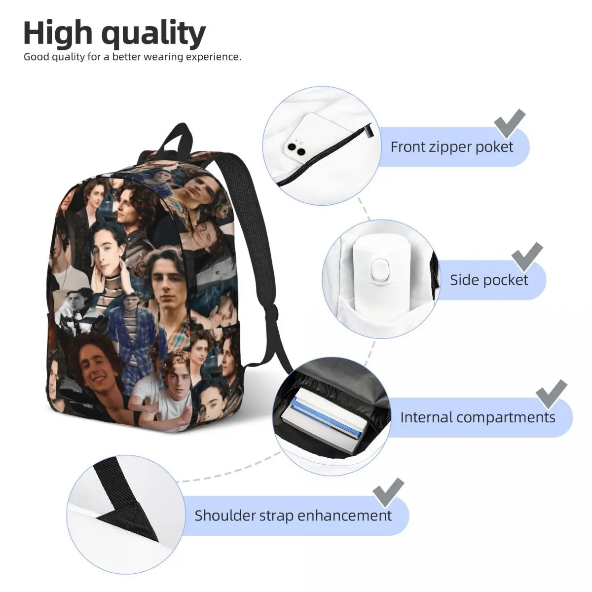 Timothee Chalamet Backpack Middle High College School Student Photo Collage Bookbag Men Women Canvas Daypack with Pocket