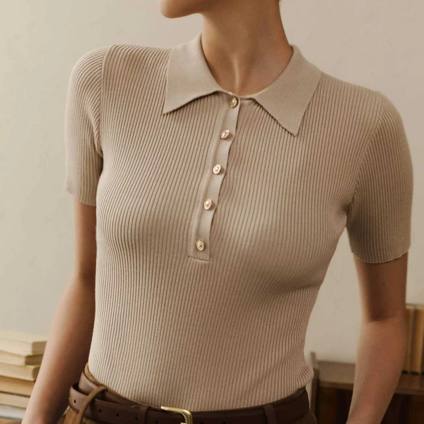 Knit Sweater Pullover for Women Lapel Ribbed Short Sleeve Fashion Cropped Top Tee Summer 2026 Knitwear Y2k Pullover Female