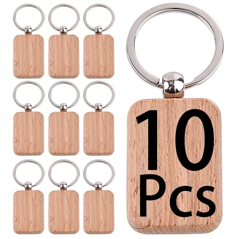 

10Pcs Blank Wooden Keychain Rectangle Wood Keyrings Key Chain Tags Wood Keychains Key Ring DIY Craft