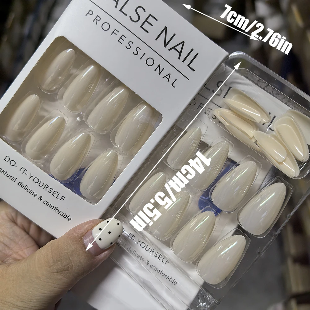 Faux ongles en amande mi-perlescente, couleur unie, brillant, couleur chair, pointes de manucure, couverture complète, 24 pièces/boîte
