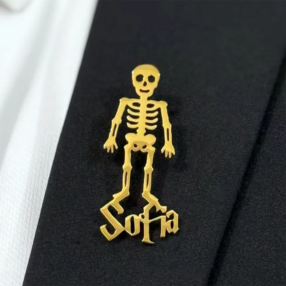 Personalized Skeleton Name Brooch Custom Gothic Skull Pin for Women Men Daily Wear Punk Jewelry Birthday Gift