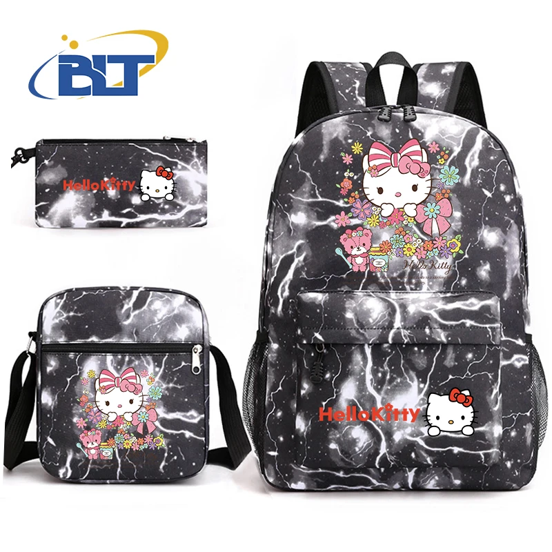 Conjunto de bolso escolar para estudiantes con estampado de MINISO HeIIoKitty, bolso de lápices para niños, mochila, bolso de hombro, conjunto de tres piezas