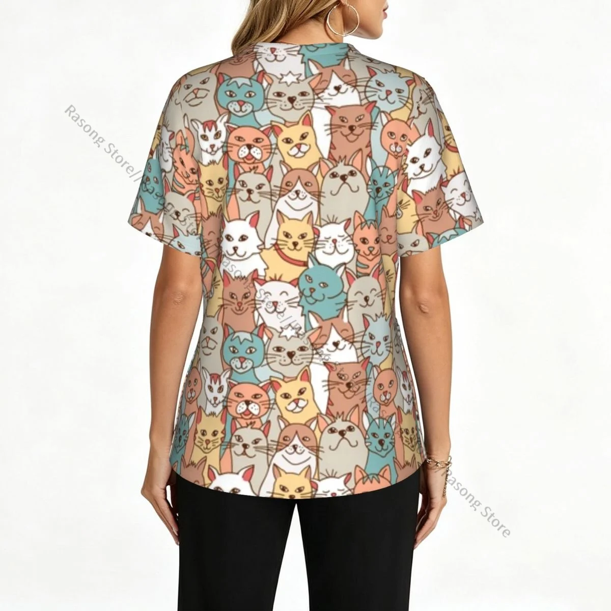 Women's Medical Scrub Top V Neck Short Sleeve Cats Faces Stretch Nursing Uniform for Hospital Clinic