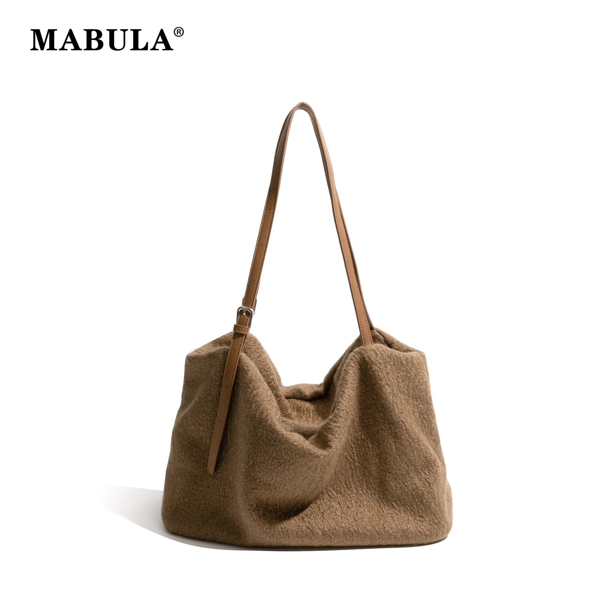 

MABULA Simple Women Large Capacity Shopping Purse Fluffy Felt Fabric Autumn Winter Classic Color Fashion Tote Handbag For Ladies