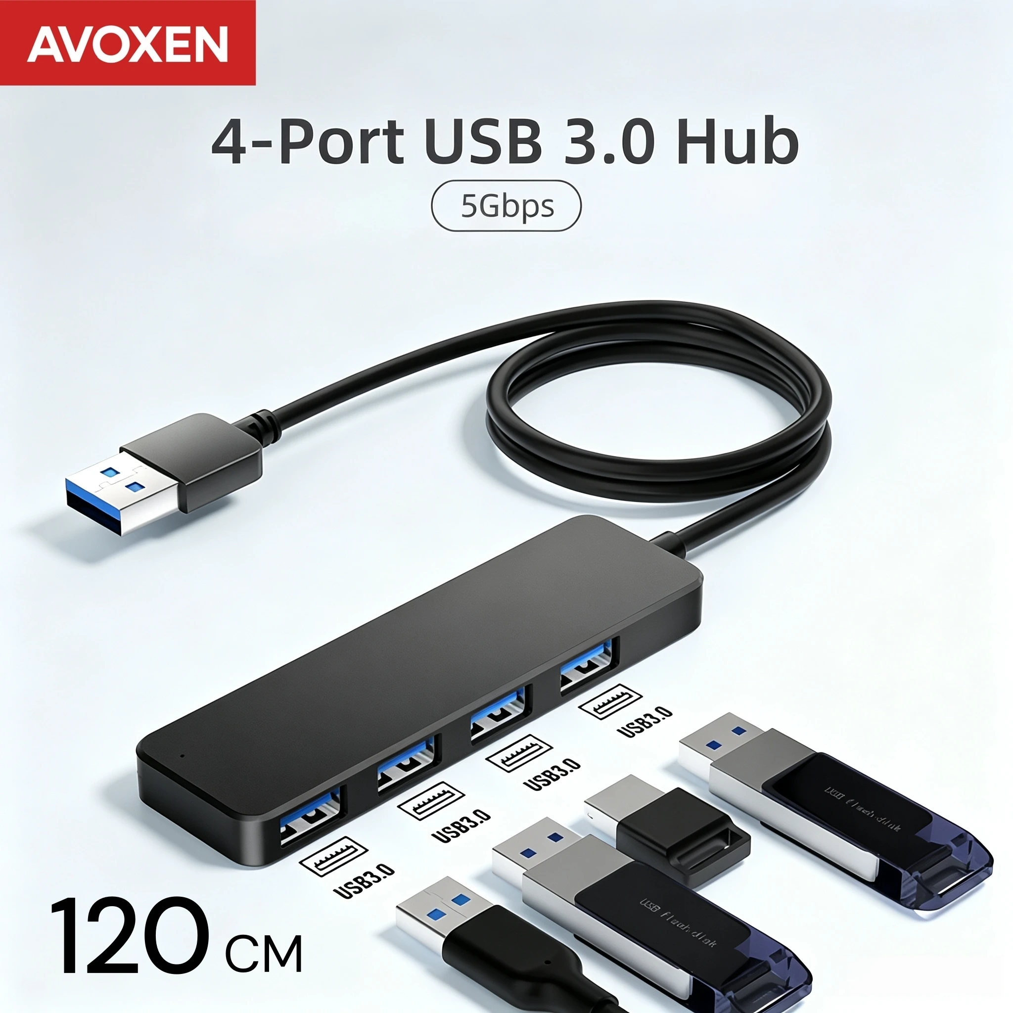 USB Hub 3.0 High Speed 4 Port 5Gbps 120CM Long Cable Powered OTG for Keyboard Mouse MacBook Laptop PC Desktop Splitter Adapter