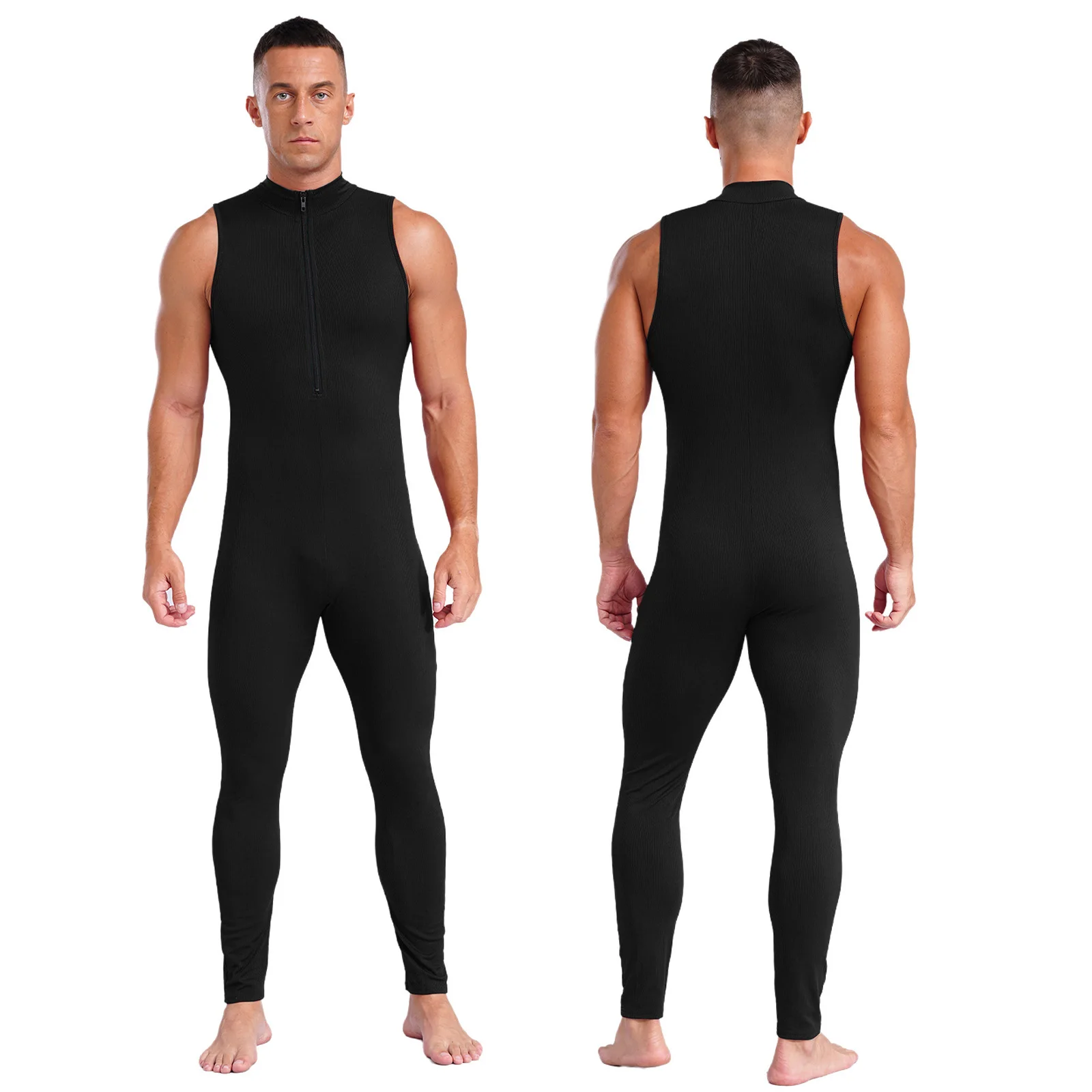 

Men Sleeveless Zipper Stretchy Gymnastics Yoga Jumpsuit Ballet Dance Leotard Bodybuilding Fitness Workout Sport Jogging Bodysuit