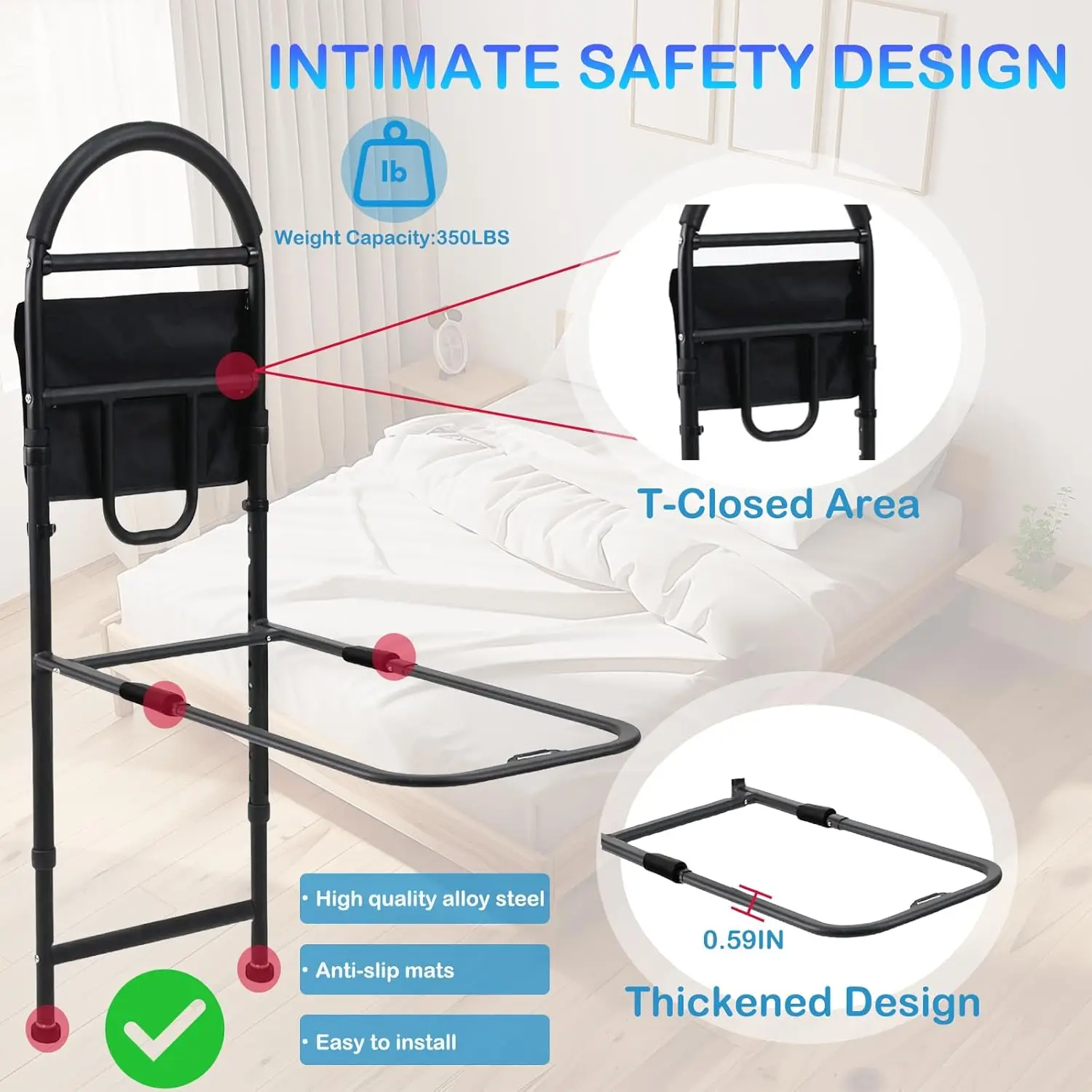 

Bed Rails For Elderly Adults Safety, Height Adjustable Bed Side Rails With Support Legs & Storage Poet, Stable Bed Assist Rails