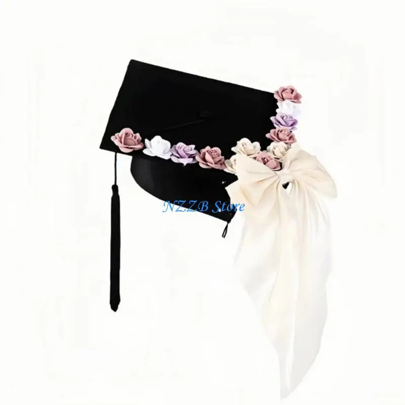 หมวกรับปริญญาแบบดั้งเดิม T21F เพื่อความสำเร็จทางวิชาการ ดีไซน์ปรับได้ และพู่ประดับดอกไม้หรูหรา