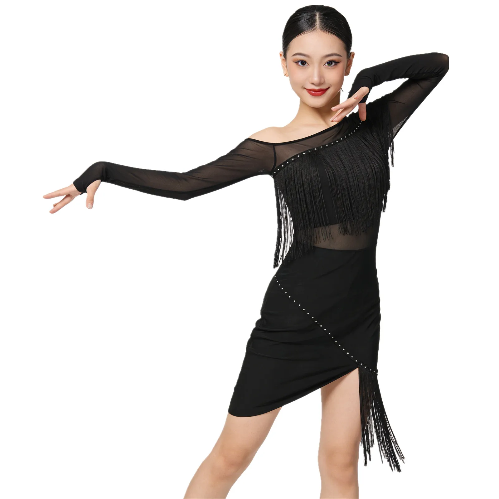

Womens Latin Tango Dance Dress Female Cha-Cha Samba Fringed Dancewear Sheer Mesh Long Sleeve Irregular Waltz Competition Dresses