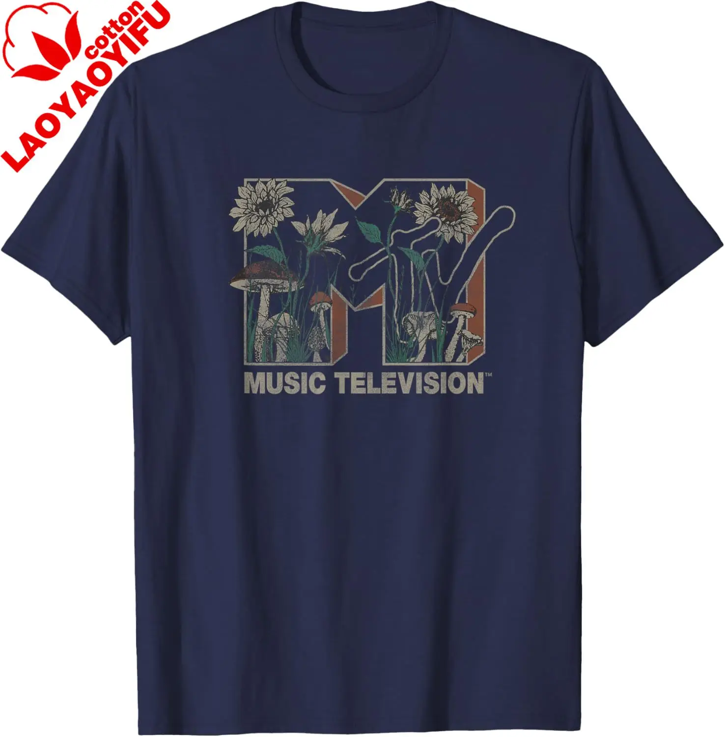 MTV Music Television Wild Flower Mushrooms MTV Logo T-Shirt Small Cotton Casual Vintage Graphic T Shirts Camisas Streetwear